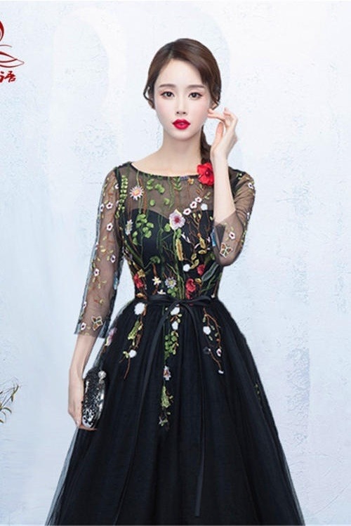 1410. シースルー花柄刺繍ドレス（ブラック） パーティードレス ワンピース 結婚式 二次会 お呼ばれ 演奏会 発表会 ミニ丈 シースルー 花柄 オーガンジー 2019 春夏 sale