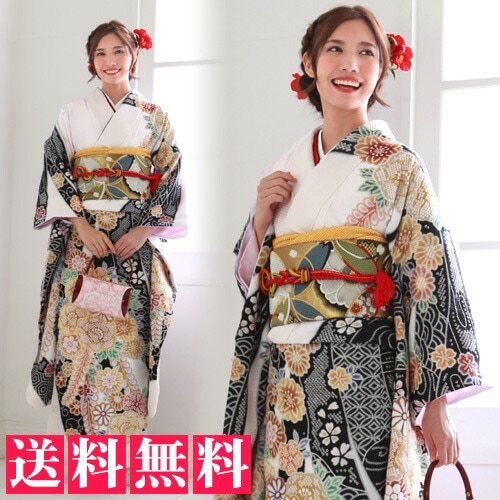 レンタル最大20日間 振袖 レンタル 成人式 セット20点フルセット 白地に疋田柄と牡丹桜菊藤　振袖レンタル 格安 宅配 安い