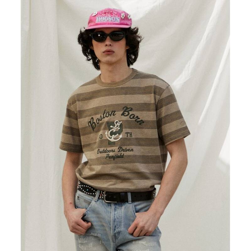 ペンフィールド PENFIELD メランジストライプ刺繍アートワーク半袖Tシャツ ライトブラウン FR2KT78U 480224