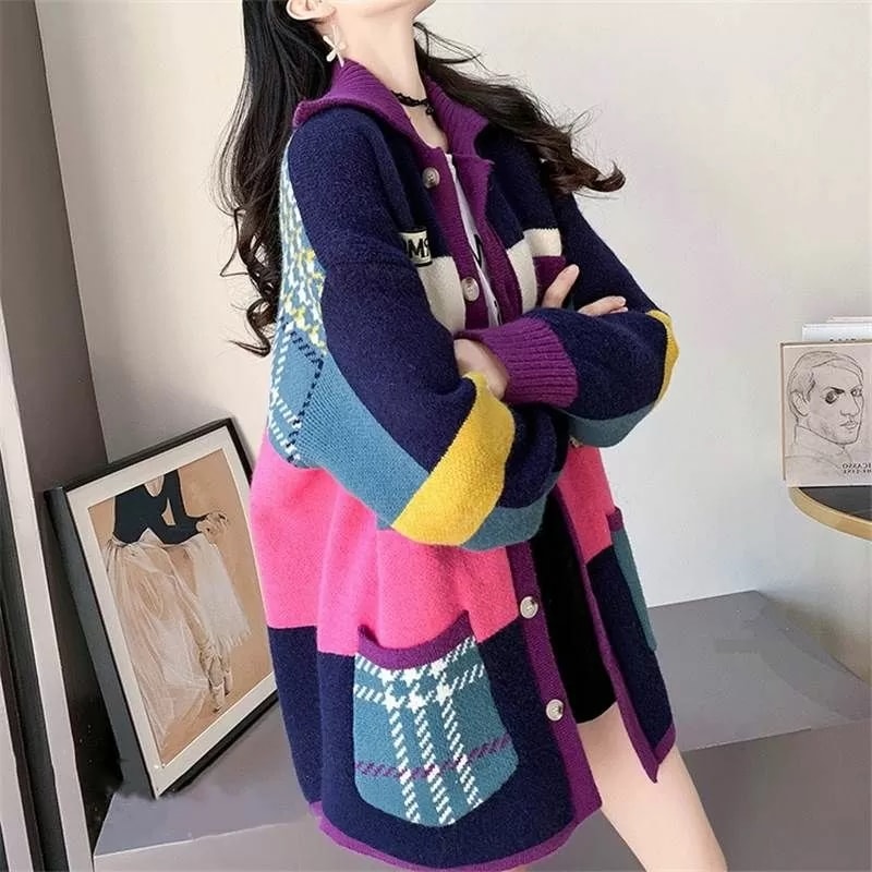 大人可愛い 格子柄 長袖 前開き かわいい ストリート ガーリー アクティブ パッチワーク柄 ポケット おしゃれ 秋 キュート ニット ボタン Vネック ヴィンテージ かっこいい レディース