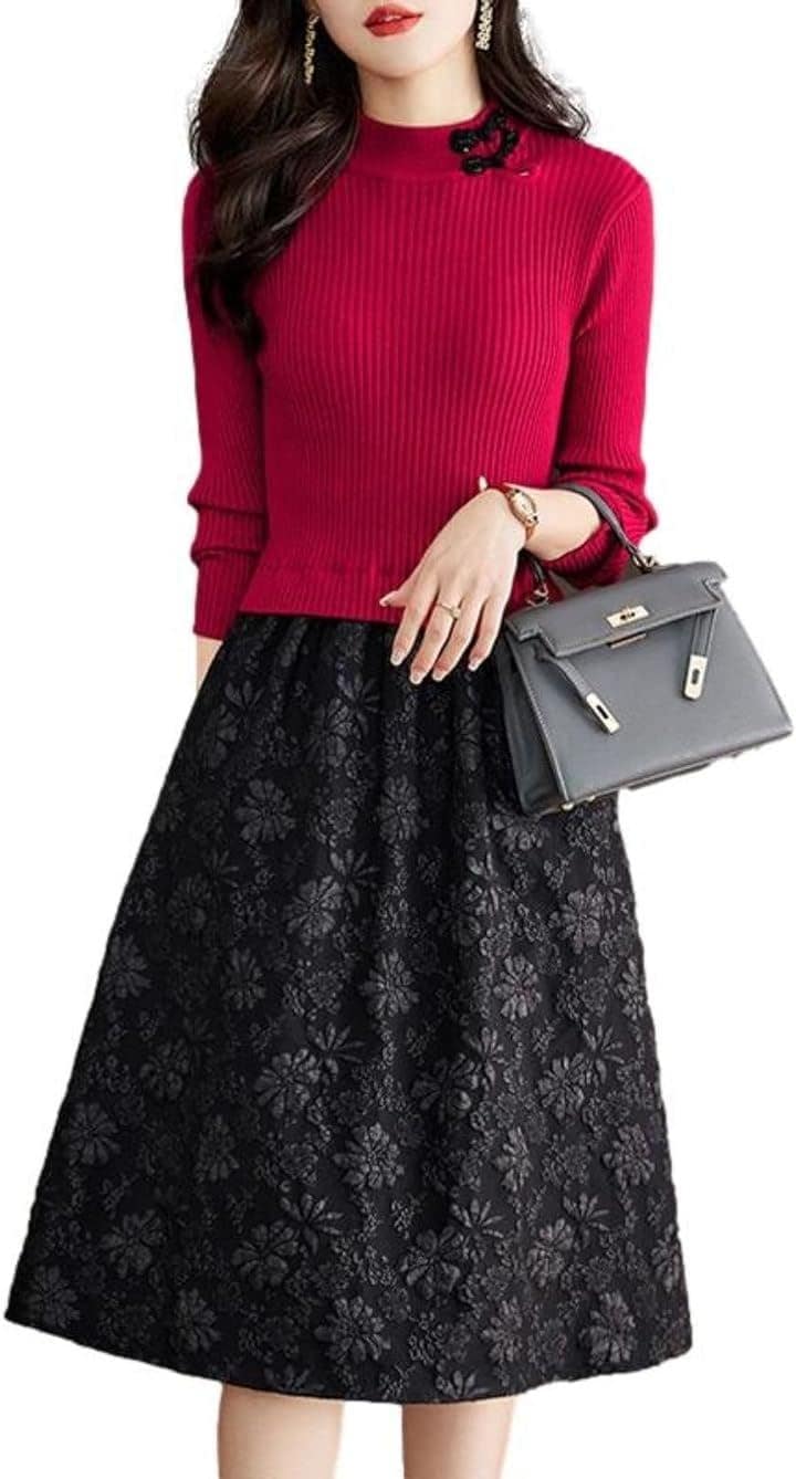 ドッキングワンピース レディース リブニット 花柄 長袖 チャイナボタン BB023(レッド, L)