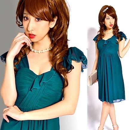 ワンピース ラッフルフリルスリーブ ストレッチドレス（ブルーグリーン）品良くスタイルアップ【ワンピース 大きい 結婚式 二次会 ドレス パーティー フォーマル ミディアム お呼ばれ】【メール便】 11,923円