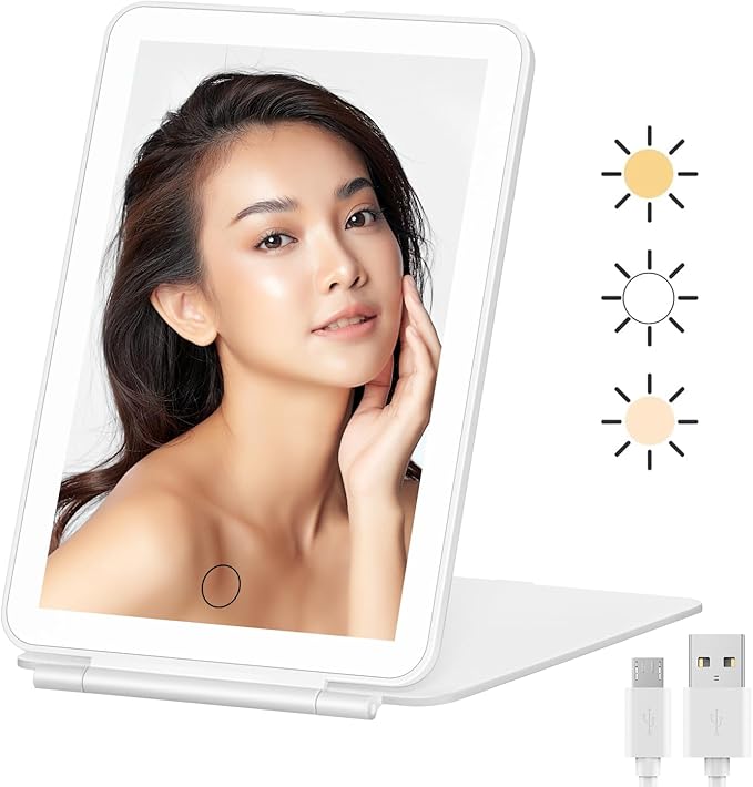 FASCINATE 鏡 ライト付き 卓上 ミラー led 3モード調色 明るさ調整 角度調節 折りたたみ コンパクト USB充電 持ち運びに便利 メイクミラー