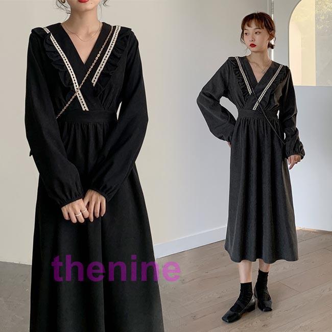 安い商品 今日だけ ワンピース 長袖 レディース ロングワンピ Vネック 長袖ワンピース 春秋 コーデュロイ フリルワンピース バルーンスリーブ ワンピース 冬 ギフトポイント