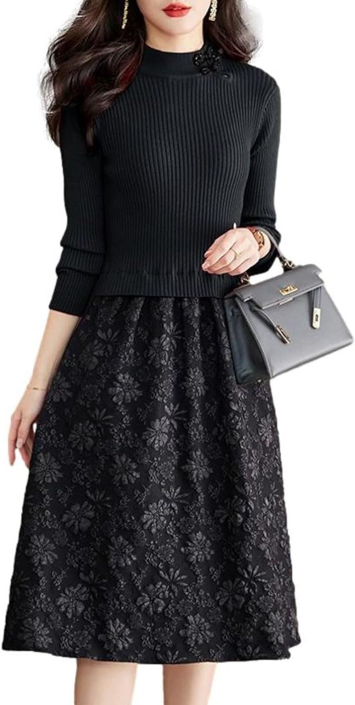 ドッキングワンピース レディース リブニット 花柄 長袖 チャイナボタン BB023(ブラック, S)