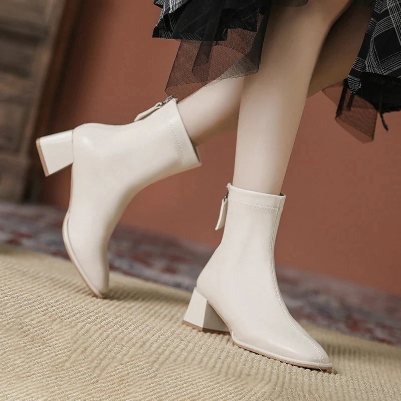 靴 レディース 春夏 太ヒール マーディンブーツ 厚底靴 レトロ ファスナー ショットブーツ ブラック フレンチヴィンテージ スクエアトゥ