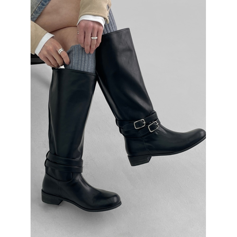 ブラックアップタンブバックルレザーロングブーツ 9,249円