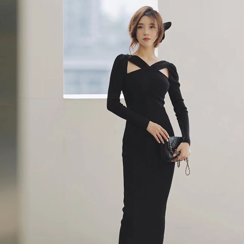 ワンピース ロング タイト 長袖 Vネック 肩開き スリット バックオープン 細身 ストレート 上品 大人可愛い エレガント シンプル デート お出かけ パーティ イベント XS XL