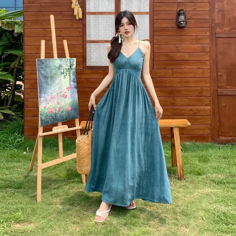 ワンピース ワンピドレス ロング サスペンダースカート キャミワンピ マキシ丈 ホルターネック Aライン 切り替えデザイン 薄手 きれいめ 大人 おしゃれ アジアン 存在感 無地 春 夏 レディース