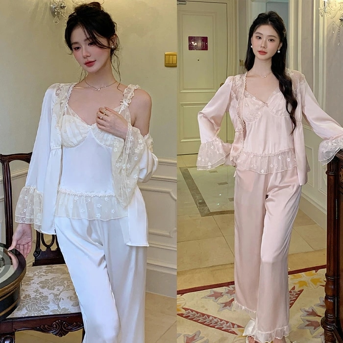 【送料無料】秋 レディースパジャマ カップ付き 部屋着 ルームウェア ネグリジェ 肌に優しい かぶり お姫様風 ランジェリー 3点セット カーディガン+キャミソール+パンツ ナイトウェア 寝巻き 大き