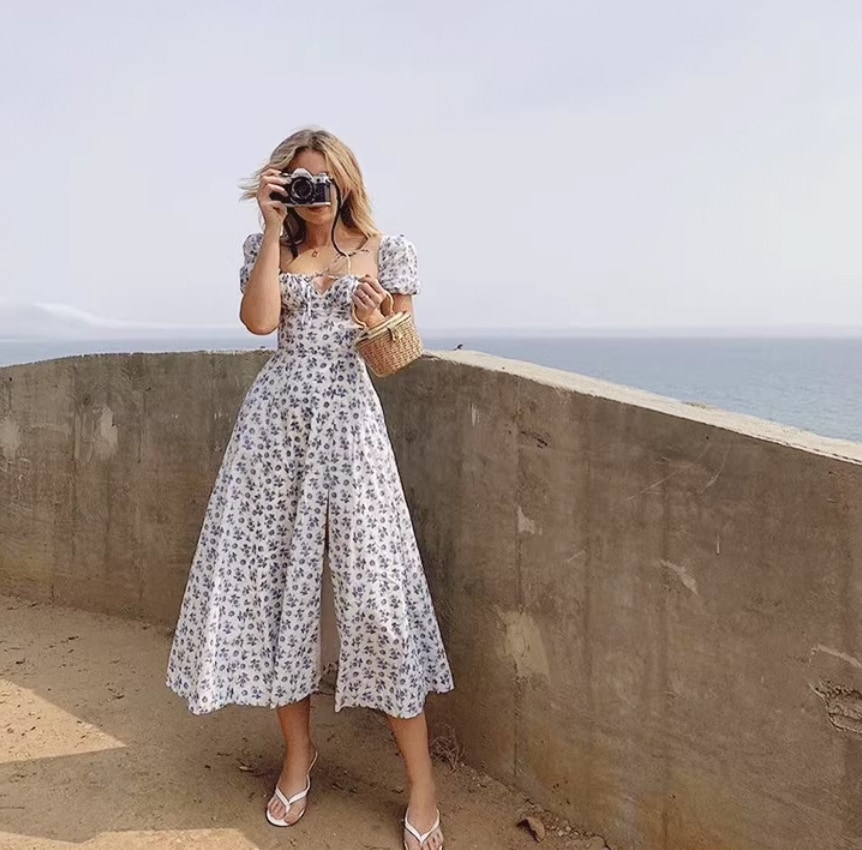 ワンピース レディース フレア ロング マキシ 半袖 スクエアネック Aライン スリット サイドスリット かわいい 大人可愛い きれいめ シンプル カジュアル おしゃれ かっこいい ラフ ガーリー