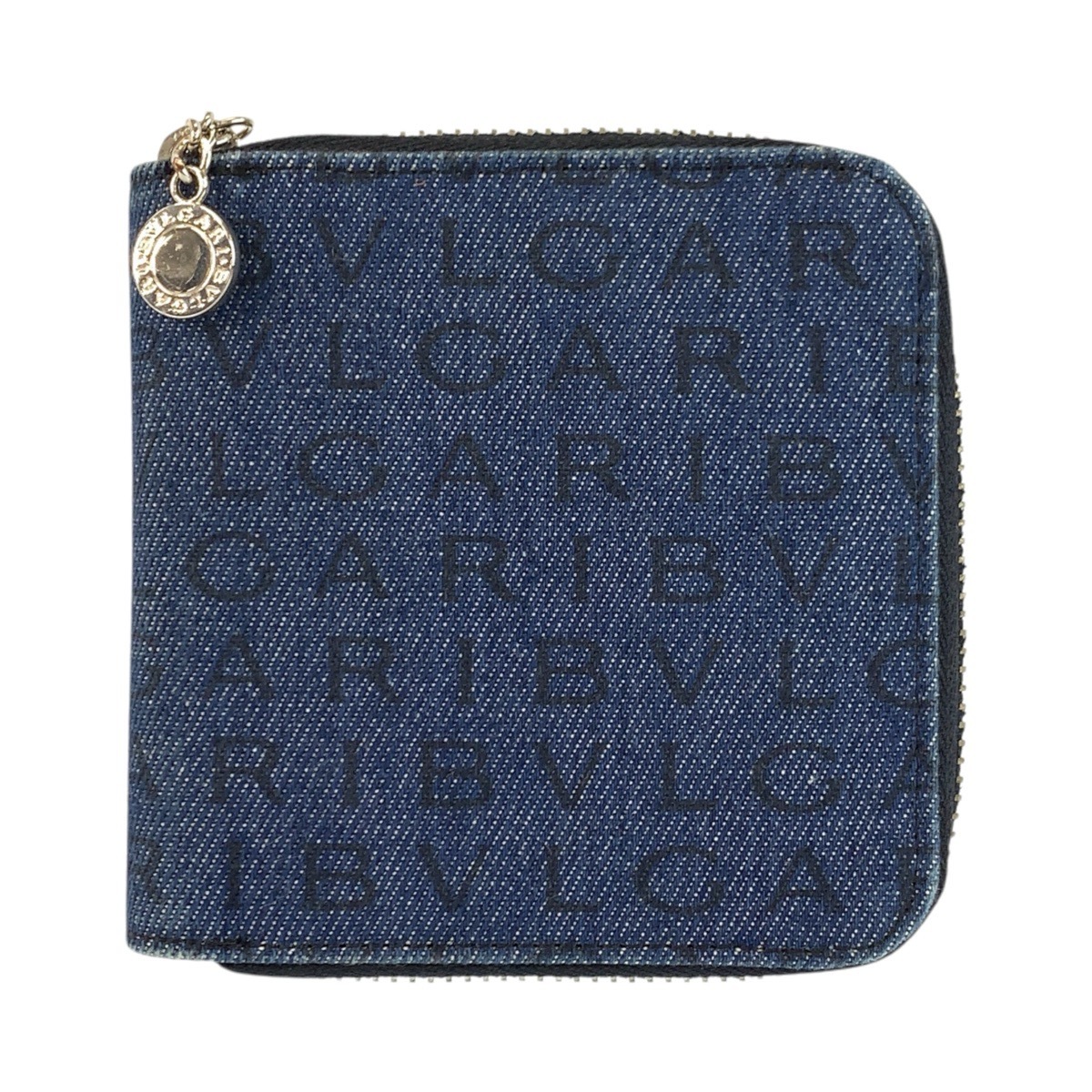 美品 ロゴマニア ブルー ブラック シルバー金具 デニム/レザー 折り財布 コンパクトウォレット レディース 601947