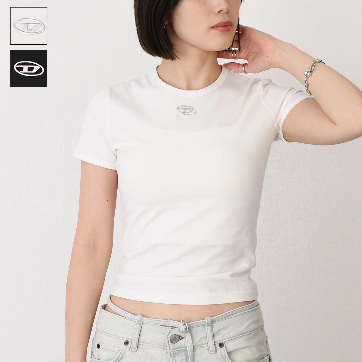 トップス T-UNCUTIESLONG-OD コットンTシャツ スリムフィット A199170 AHQH レディース ホワイト ブラック 半袖 クルーネック オーバルD ロゴ