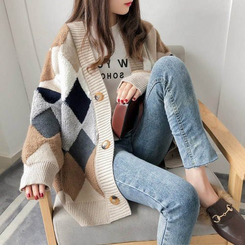 カーディガン レディース ニットカーディガン ニットカーデ ロングカーディガン ロングカーデ アーガイル 秋冬 新作 異素材MIX カーディガン レディース ニットカーディガン