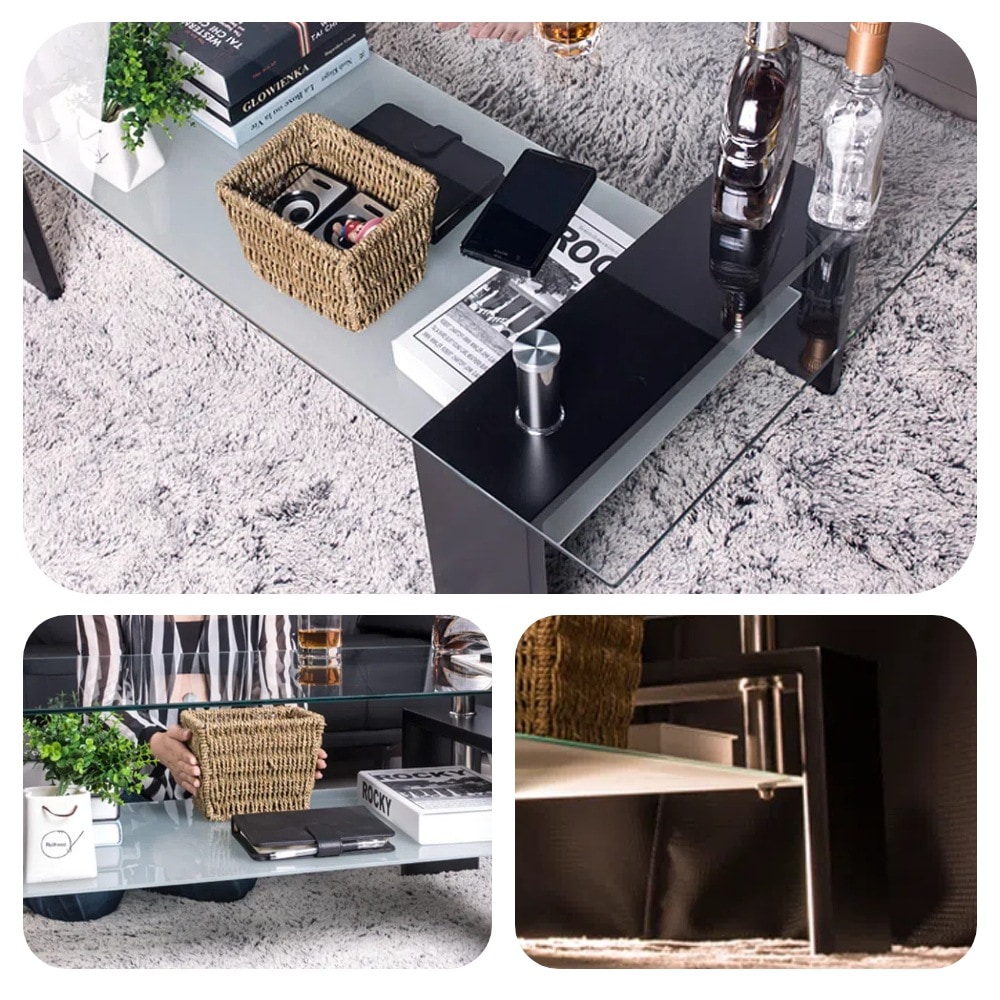 【国内発送.送.料.無.料！】ガラステーブル コーヒーテーブル 強化ガラス天板 幅88cm 二段収納 収納付き リビング用テーブル 棚付き おしゃれ 一人暮らしに最適 大容量収納 センターテーブル木製