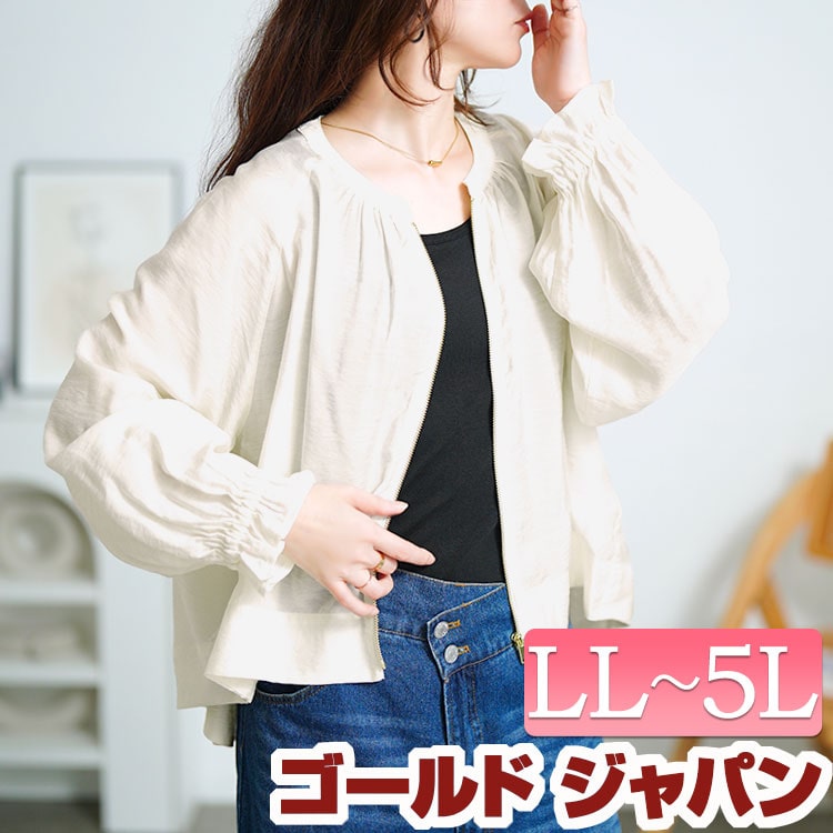 大きいサイズ レディース アウター ブルゾン キャンディースリーブバックギャザーブルゾン ノーカラー キャンディースリーブ 長袖 ファスナー 羽織 シアー 透け感 ショート丈 前後差丈 バックギャザー