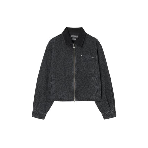 [GUESS] 女性用ウォッシングブラックヒョウ柄コーデュロイ配色ジャケット[YP3D3865]