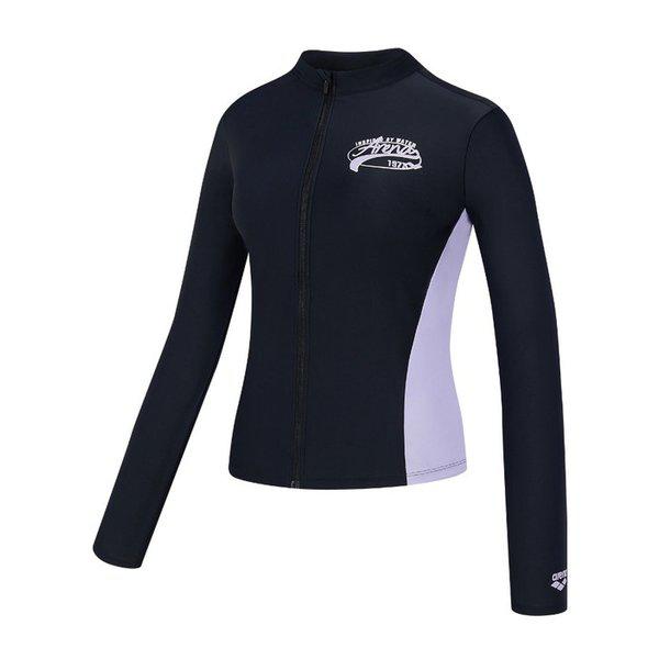 女性用ビーチラッシュ レギュラーフィット ジップアップ ラッシュガード 水着(キャップ内蔵)(A5BL1PQ06)BLK