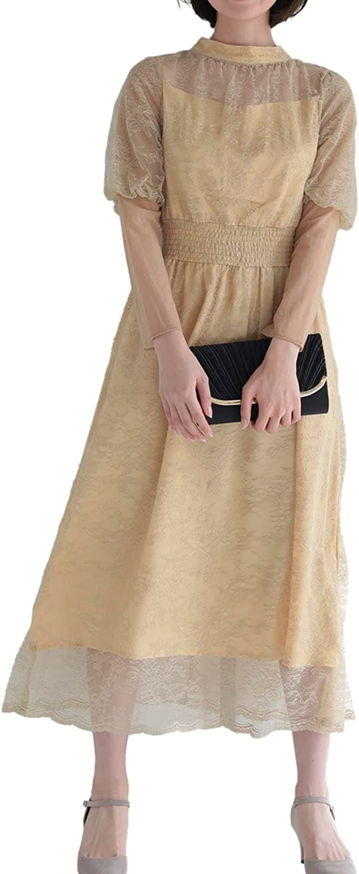 パーティ ワンピース ドレス レディース バルーン ロングスリーブ 総レース 結婚式およばれワンピース パーティードレス DYEL( ダスティーイエロー / 322192, S)