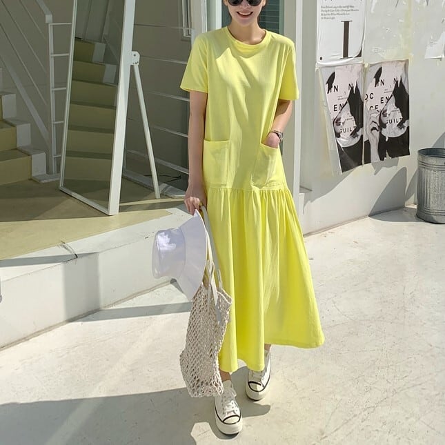 カットソー ワンピース ロング丈 マキシ丈 切り替え フレア 半袖 クルーネック ポケット 無地 ゆったり 薄手 かわいい 大人可愛い きれいめ シンプル カジュアル 大人 上品 おしゃれ お洒落 l