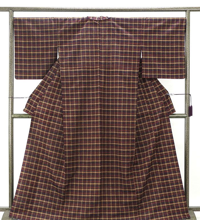 単衣 紬 新品仕立済 正絹 単衣 格子模様 身丈166cm 裄丈68cm 紬 新品 仕立て上がり 着物 wd1041