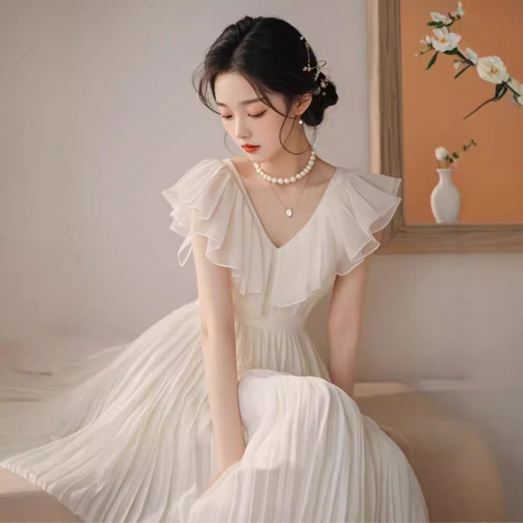 2024新しい女性の夏の白い月明かりのシフォンドレスオリジナルニッチフレンチフリルスタイルスカート