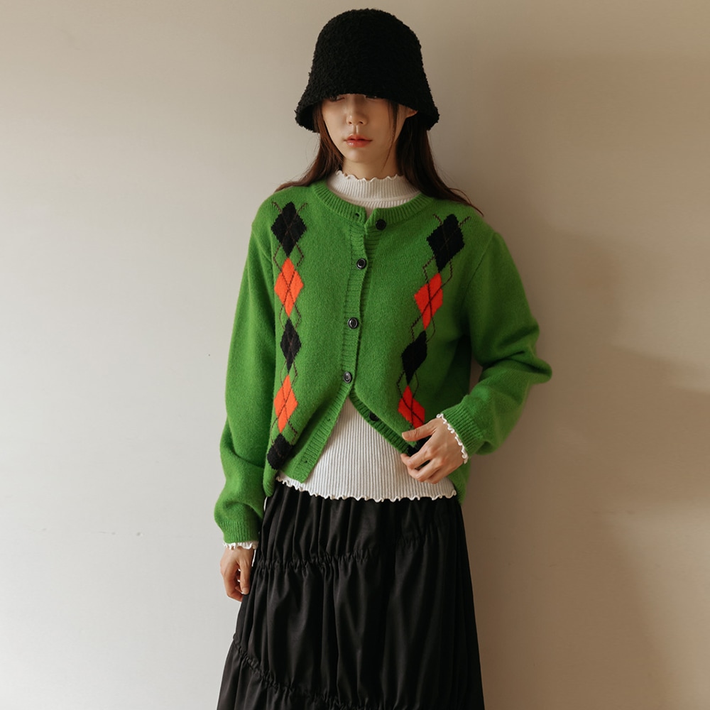 アトミンアーガイルブールラウンドニットカーディガン