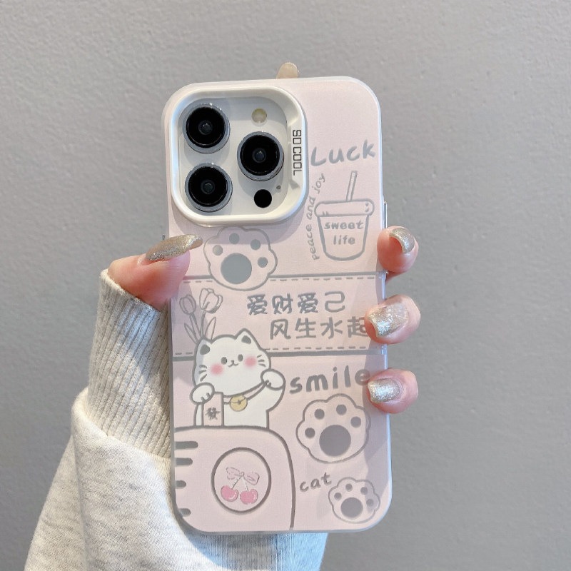 招き猫は財を愛し自分を愛すアップル17promaxに適用する携帯電話ケース新しいカラー描画のiPhone16pro用磨砂カラーシルバー15用可愛いカートゥーン14用個性的なクリエイティブ1