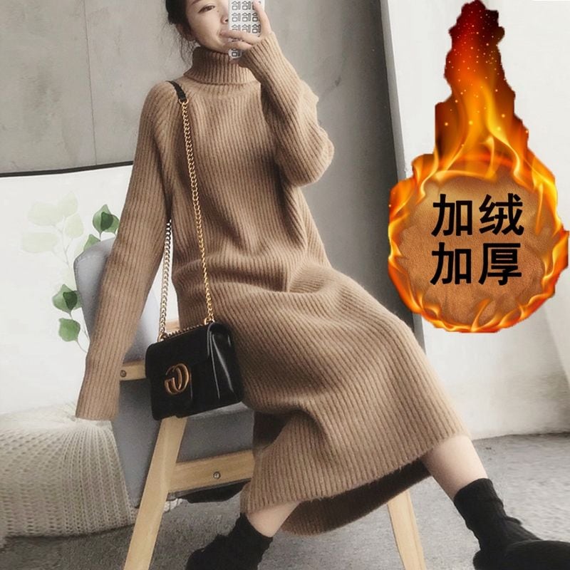 女性用の厚手のベルベットの膝上ニットセーターゆったりとしたタートルネックの暖かいドレス軽い感のロングインナーウェア 5,475円