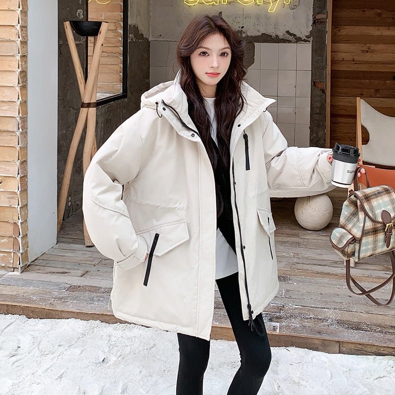 オフホワイト防風フード付きアサルトジャケット2024新しいカジュアルスタイルウエスト肥厚ダウンジャケット