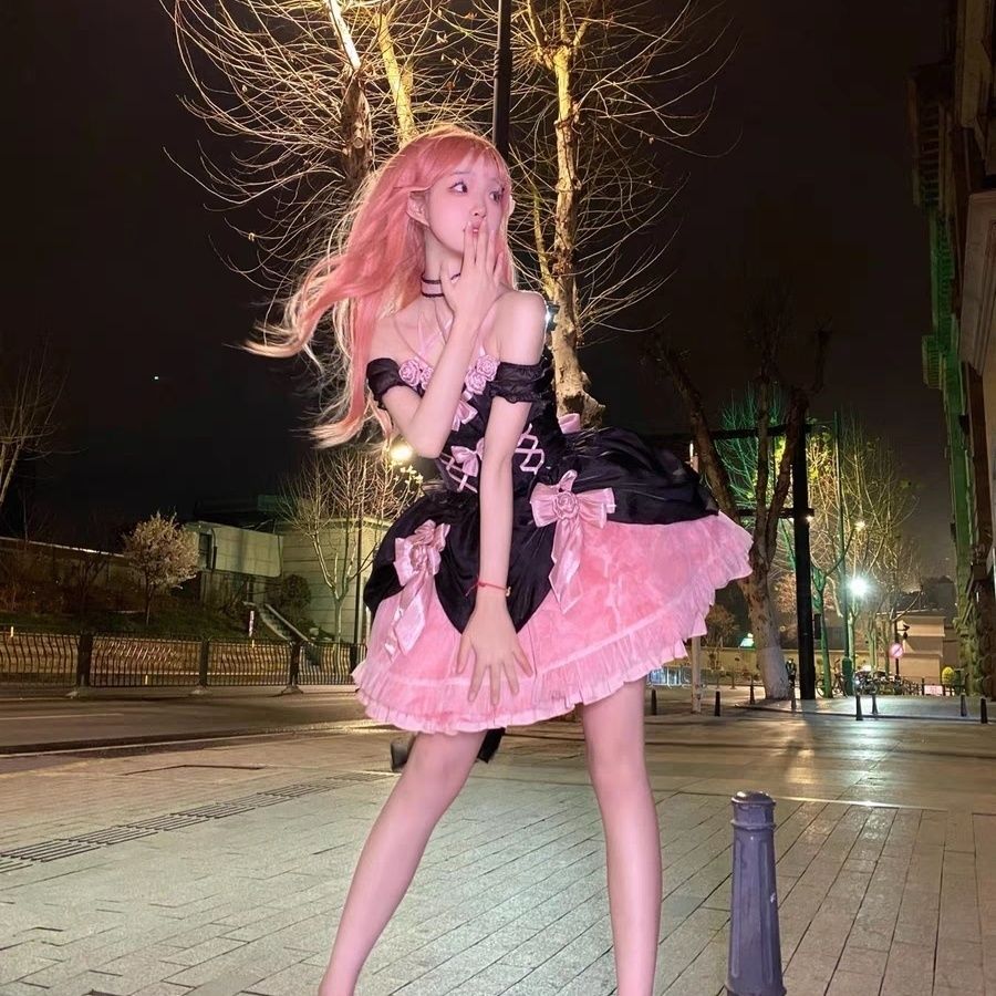 ロリータ ドリーム ローズ ブラック ピンク スウィート クール ロリータ プリンセス ドレス バタフライ テール ドレス 女性ハロウィン