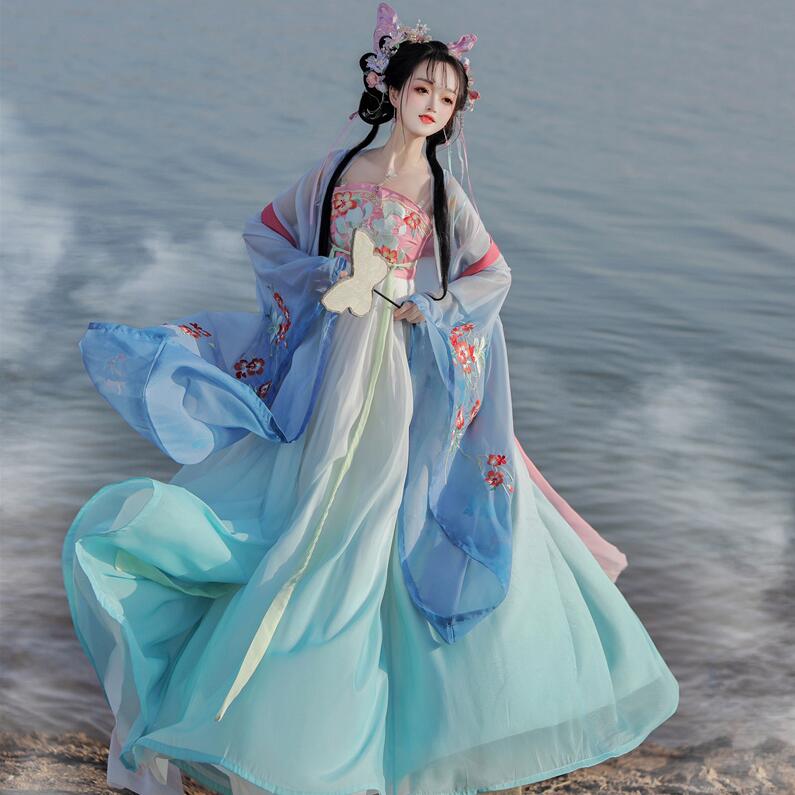 レディース古典美女漢服唐装　豪華ロング丈羽織　刺繍中華コスプレ衣装　3点セットアップ　豪華演出衣装　日常着もOK仙女中国伝統古代ダンス衣装　ハロウィン　写真撮影衣装　クリスマス　ステージ衣装　華流ステ