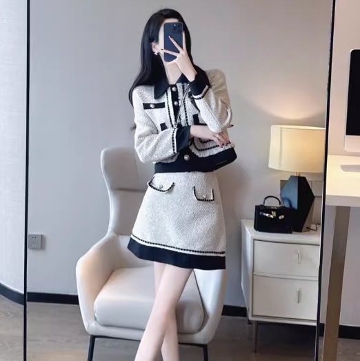 レディース スカート トップス セットアップ 2点セット 前開き ショートスカート ミニ 長袖 ラウンドネック 襟付き フェミニン コットン ツイード かわいい 大人可愛い きれいめ 上品 おしゃれセットアップ