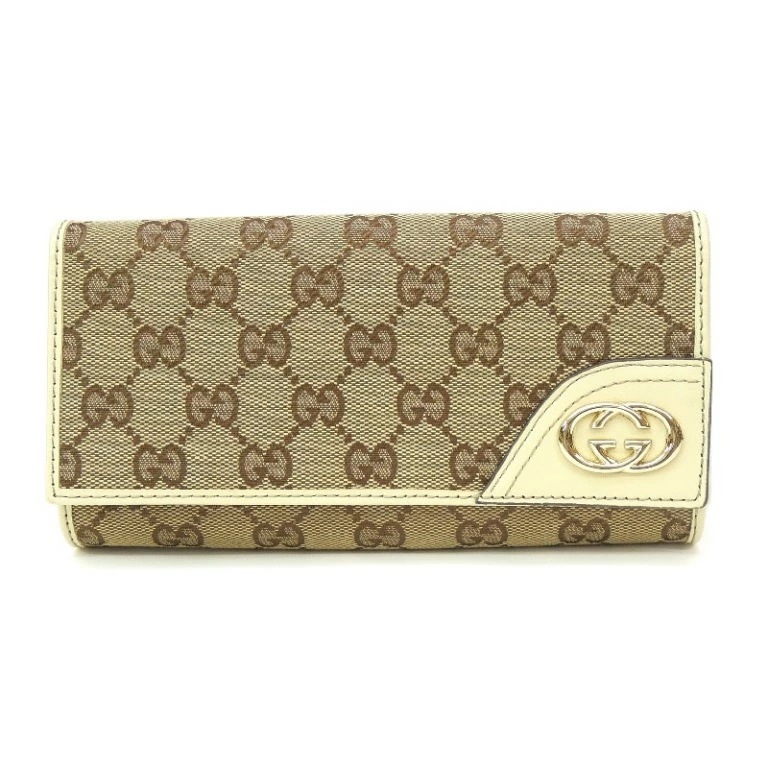 グッチ GUCCI 三つ折り長財布 GG ベージュ×白 キャンバス×レザー 【中古】(68745)