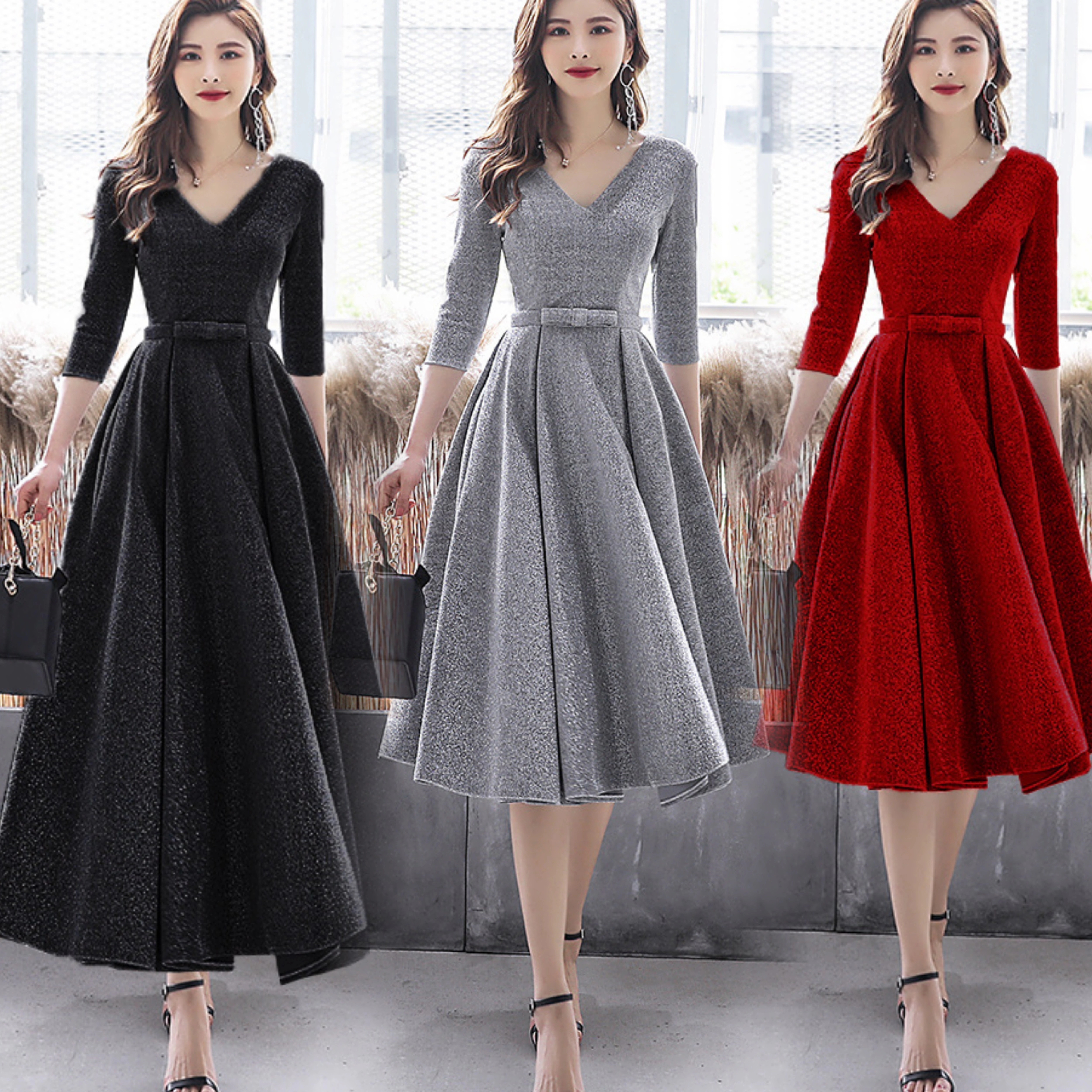 キラキラワンピース気質Vネック フォーマル パーティードレス キャバドレス 着痩せ 大人お呼ばれ 同窓会 披露宴 卒業式 結婚式 ウェディング 二次会 成人式 長袖ワンピースワンピース 夏