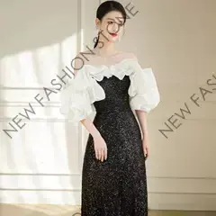 黒のワンショルダーイブニングドレス-59