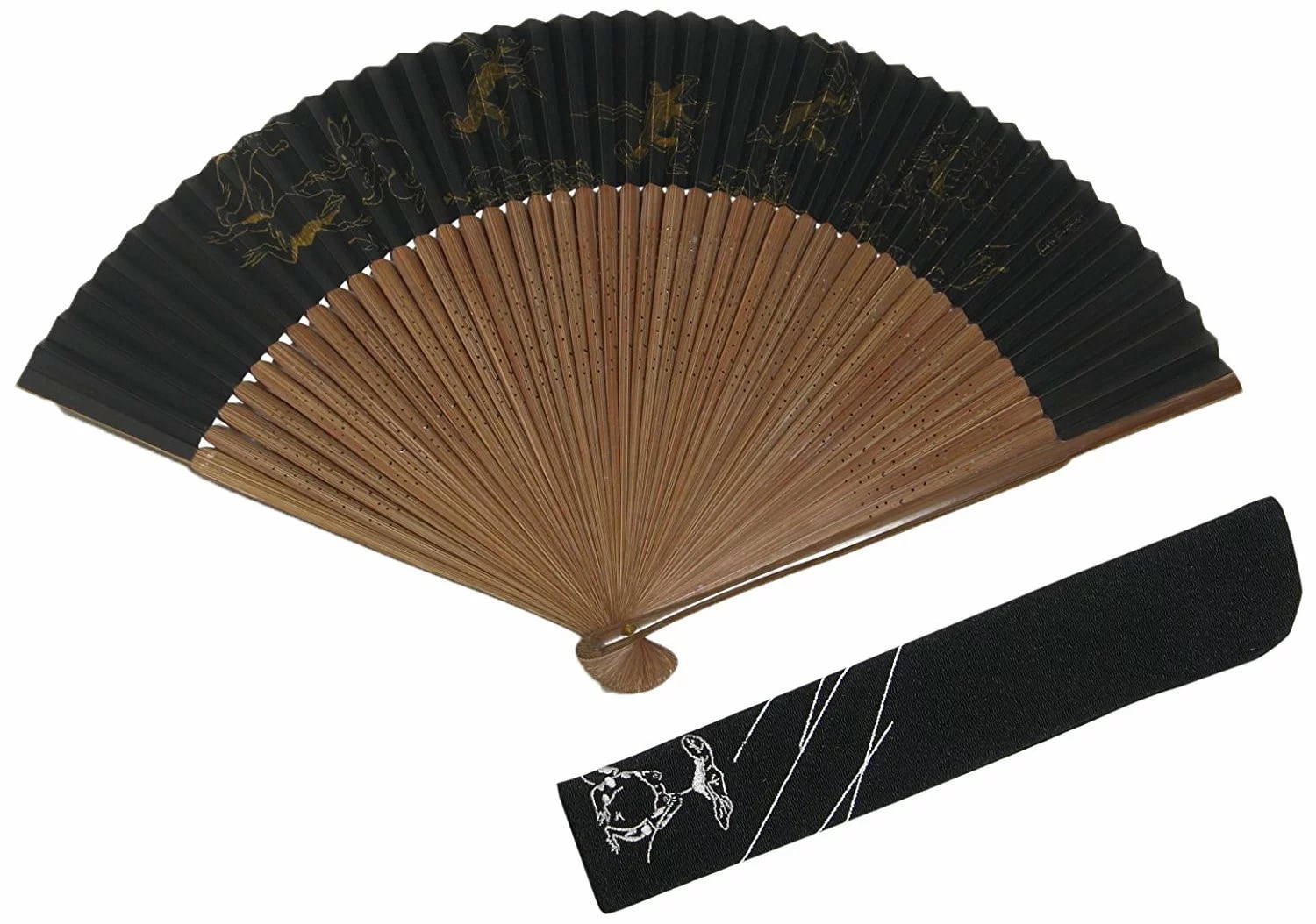 京扇子 メンズ 紳士用 鳥獣戯画 45本骨 唐木短地 両面柄 袋付き 木箱入り 着物小物