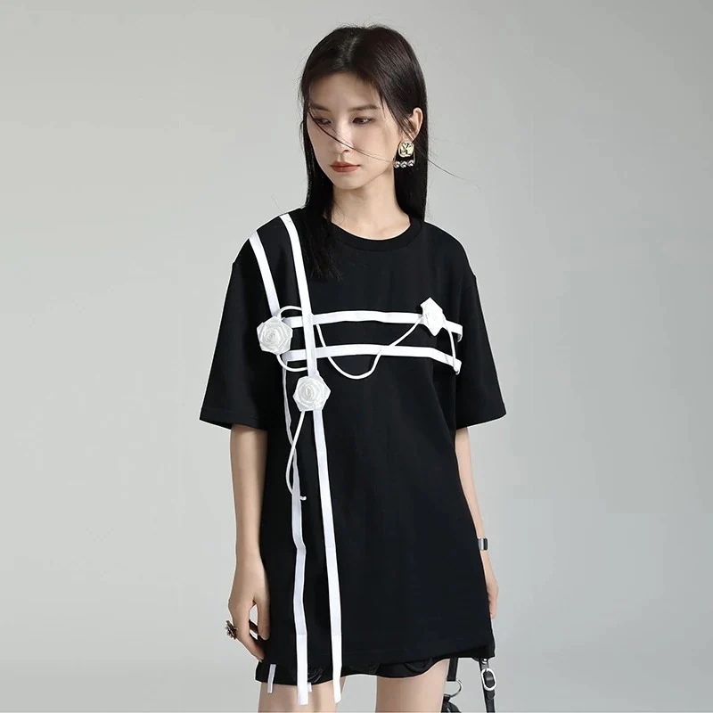 【上品】 ロングTシャツ 3D花飾り ドッキング 夏 ロングブラウス チュニック レディース おしゃれ 上質 関連商品は店で購入可能 メガ割