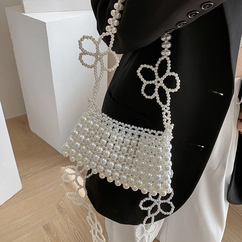 ガールフレンドギフト用のパールチェーンバッグ自家製ビーズ素材バッグ織り小さなハ