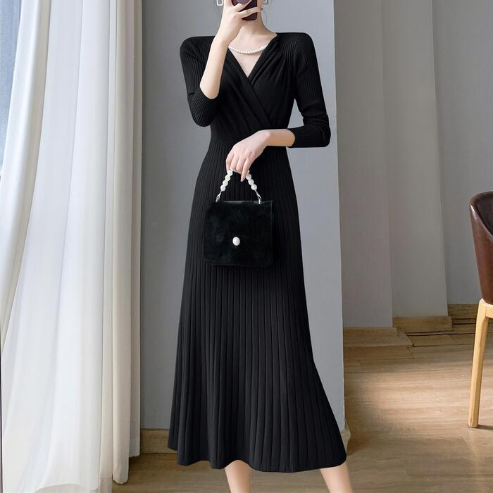 ワンピース ニット ワンピ ドレス カシュクール Vネック リブ レディース エレガント きれいめ カジュアル 大人 可愛い 長袖 ミモレ丈 切り替え リブ シンプル レッド 赤 ブルー 青 ホワイト