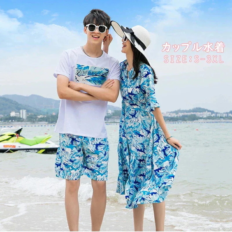急速出荷7月の新作特典ペアルック カップル 水着 夏 花柄 ワンピース カップル水着 ペア水着 韓国風 マキシワンピース セットアップ シャツ パンツ リゾートワンピ