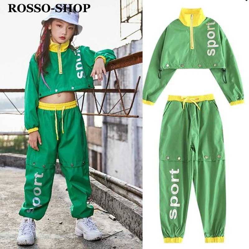 ロツソシヨツプ グリーン ヒップホップダンス衣装 トップス HIPHOP キッズ 原宿系 レディース ヒップホップ セットアップトップス パンツ チア ジャズダンス