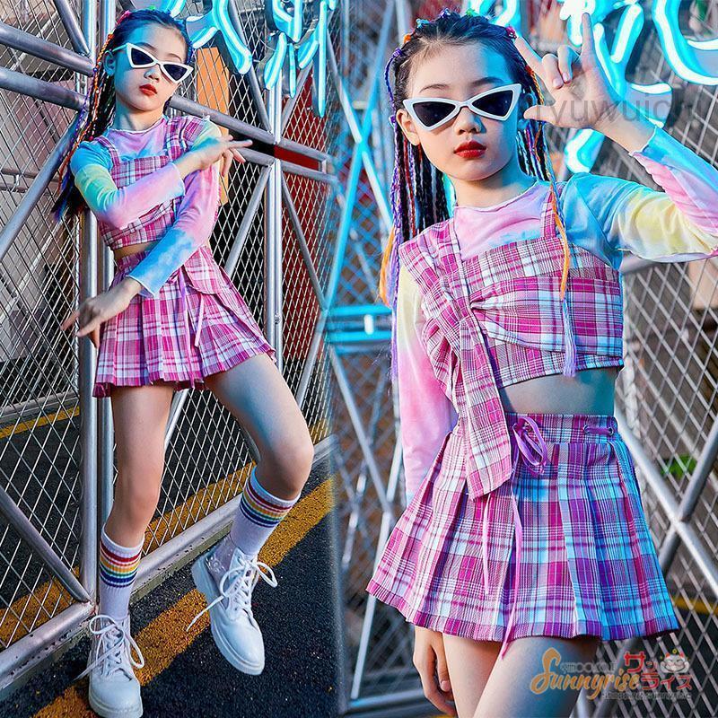 キッズダンス衣装ヒップホップ HIPHP 3点セットＴシャツ チェック柄 ベスト スカート女の子 K-PP ステージ衣装応援団 体操服 発表会 練習着 演出服 舞台衣装