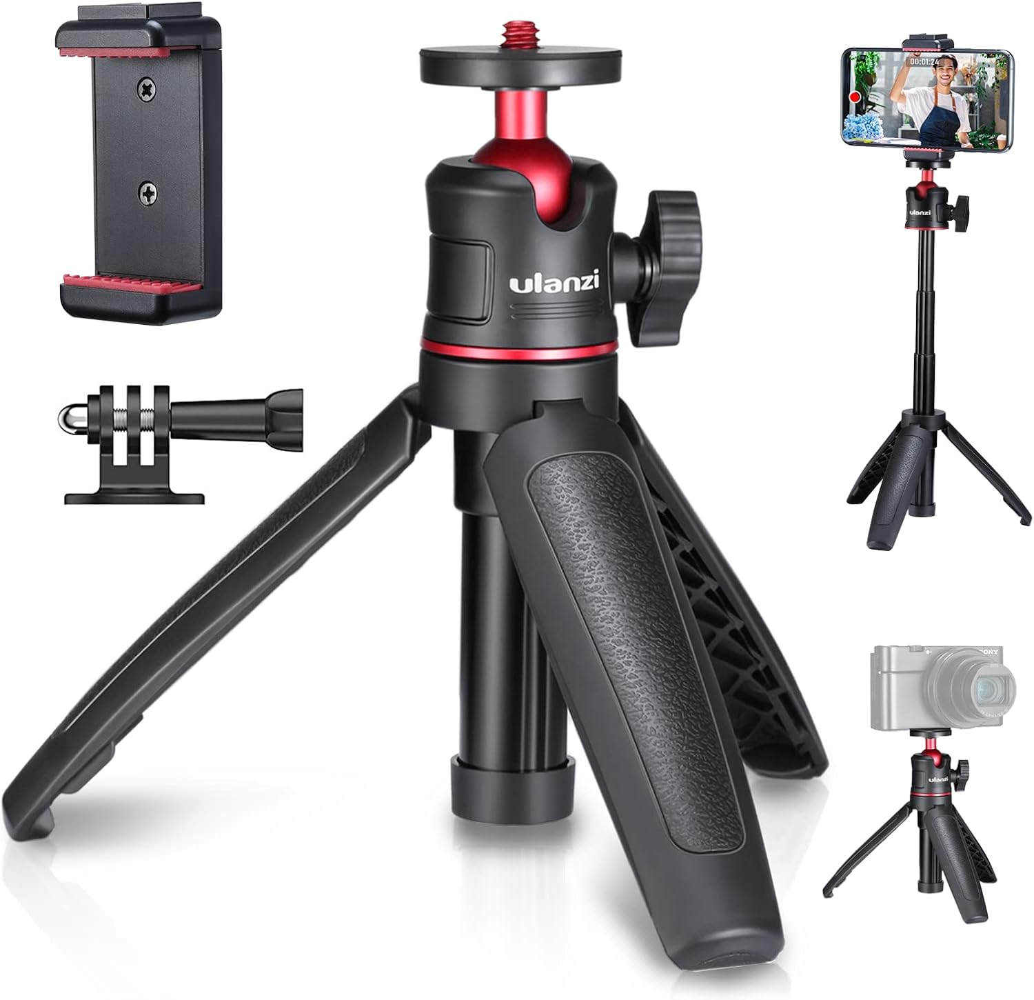 小型伸縮三脚 3段調整 スマホクリップ付き ホットシュー対応 360度回転 各種カメラ対応