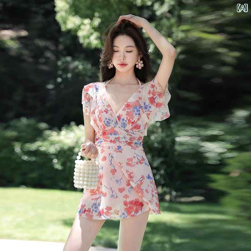 レディース 水着 ワンピース 半袖 フレアスカートワンピース バストプッシュアップ 女性用 Vネック ウエストヒップカバー 体型カバー 大きいサイズ ライトオレンジ レッド＆ブルー花柄画像参照 エレガ