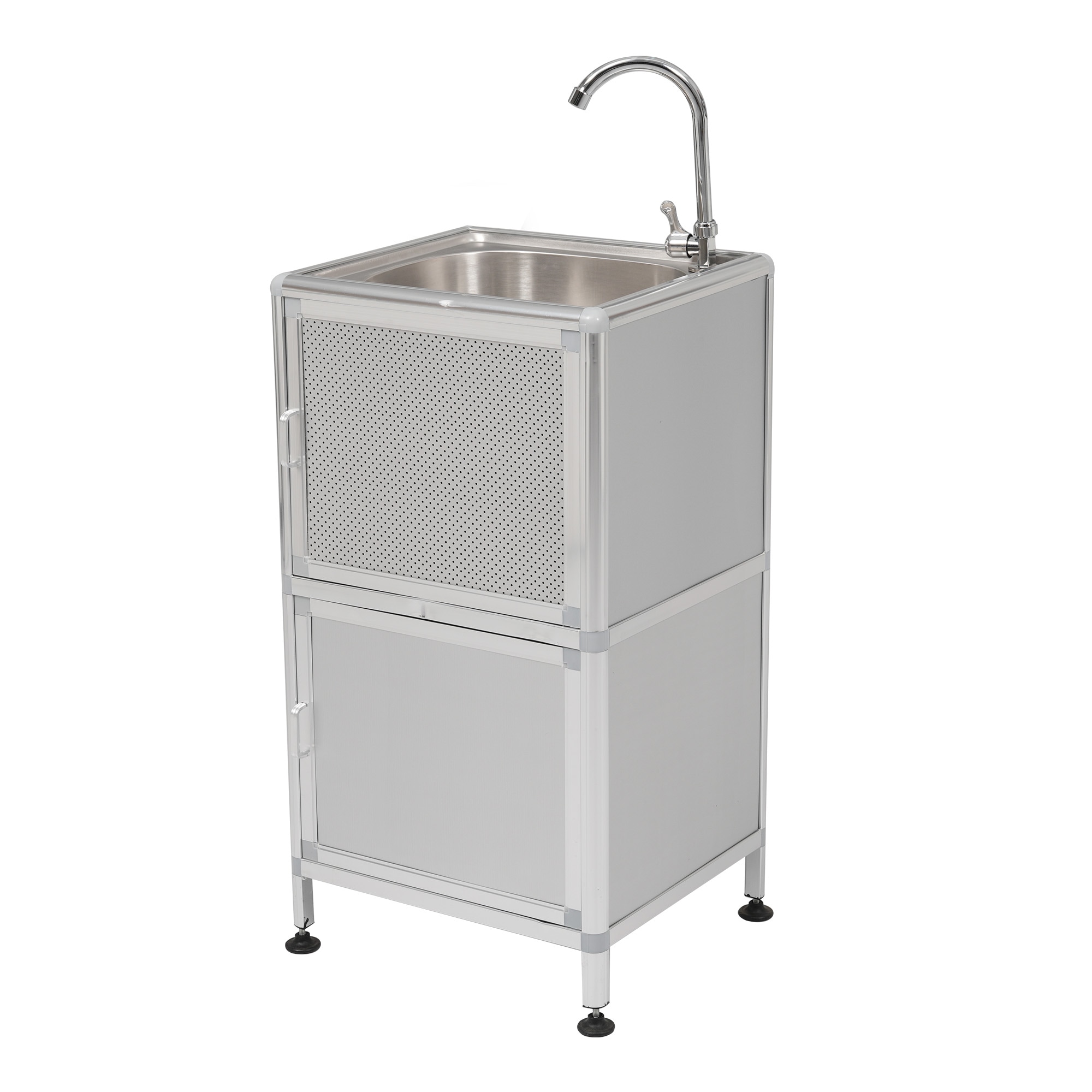 【囲い付きで便利】屋外 流し台 ステンレス W46×D35×H108cm ガーデンシンク 作業台 キッチン 台所 屋外 簡易 シンク 組み立て簡単 収納棚付 庭 高さ調節 調理台 ガーデニング 庭 G