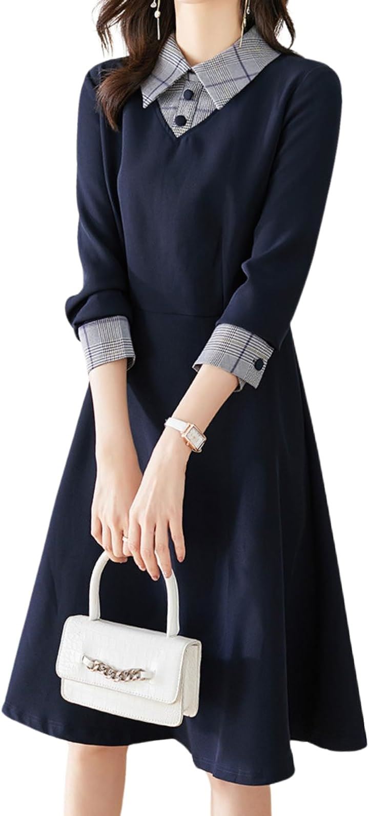 ワンピース レディース きれいめ フォーマル チェック柄 膝丈 春 7分袖 ミニワンピース aライン パーティードレス( ネイビー, S)