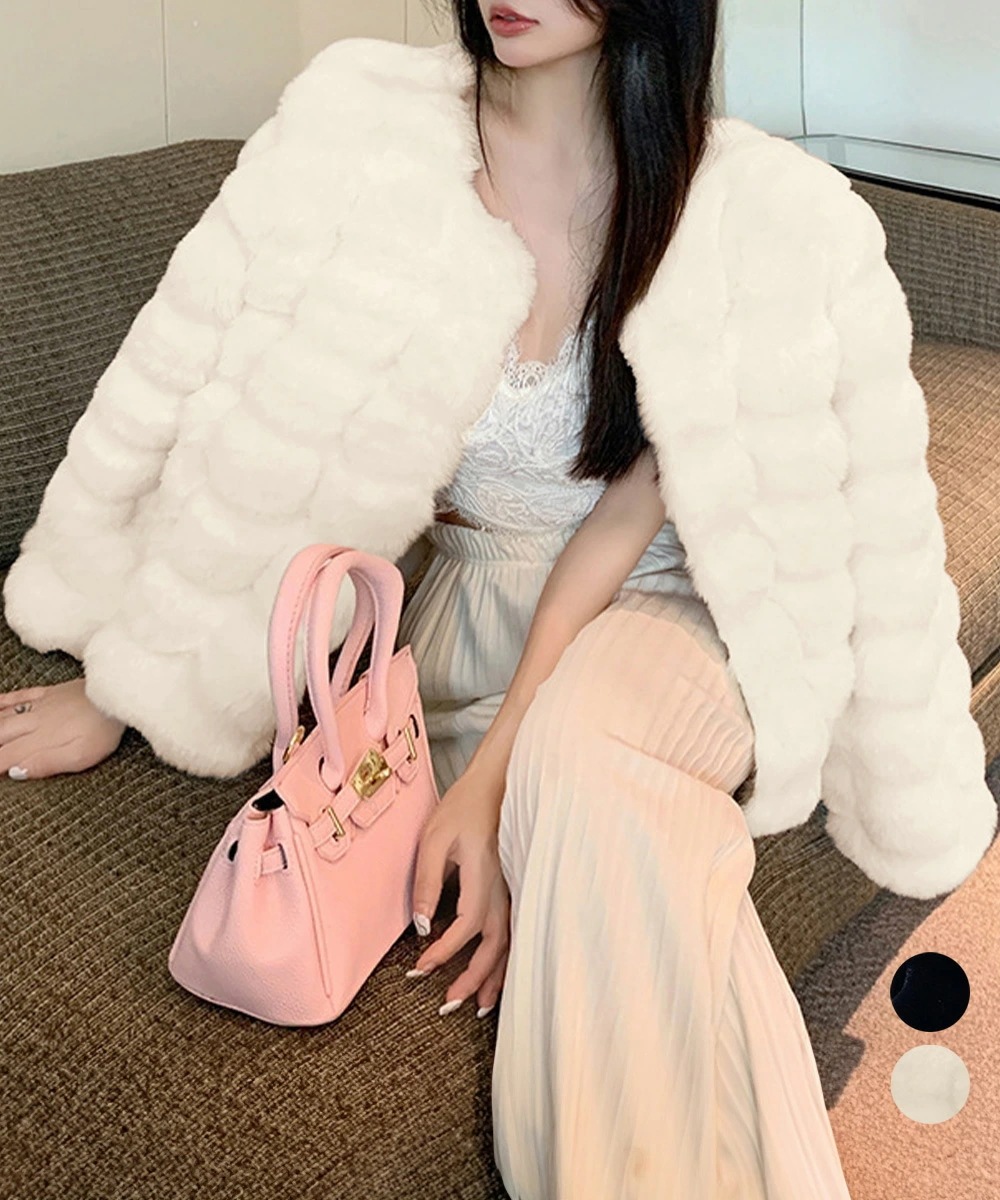 エコファーコートショートファージャケット レディース もこもこ フェイクファーアウター 高見え 暖かいコート エレガントノーカラー羽織り ふわふわ 秋冬韓国風上品