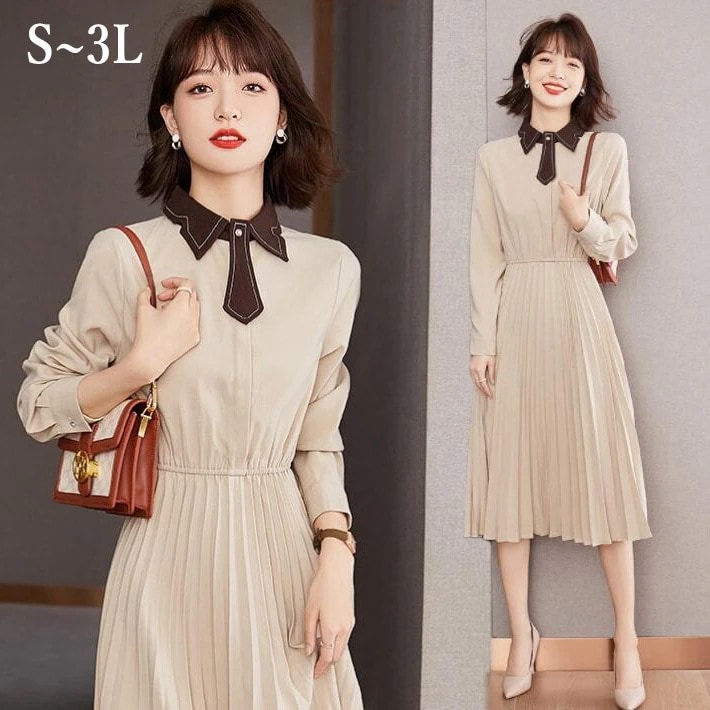 3L 2L L M S 秋 春 フォマール エレガント レディース 大きいサイズ 小さいサイズ 長袖 Aライン マキシ丈 ロングワンピース ブラウジング プリーツ プリーツワンピース