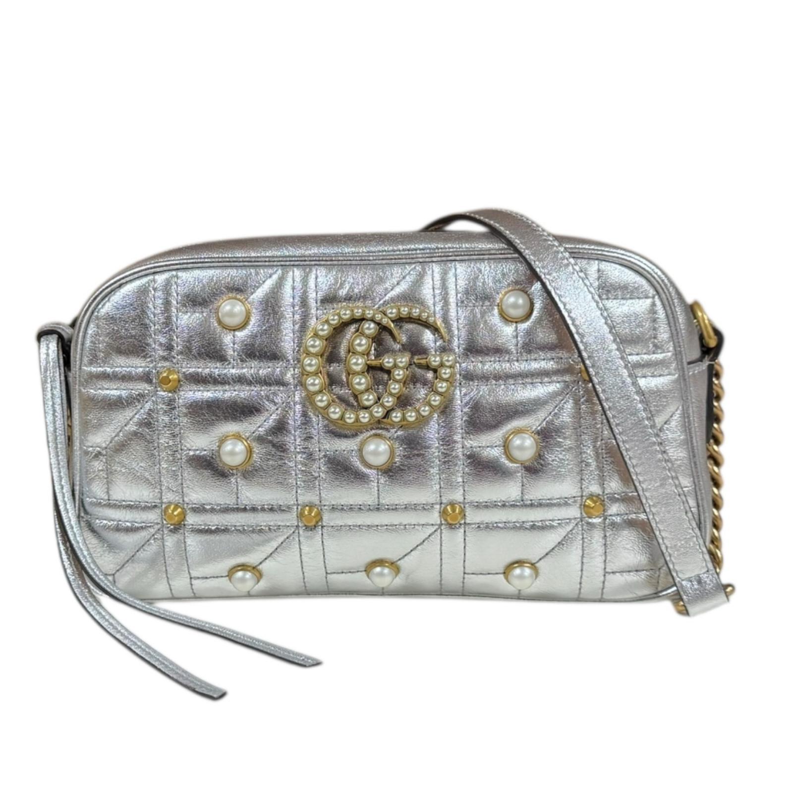 グッチ GGマーモント ショルダーバッグ レザー 447632 シルバー GUCCI 中古